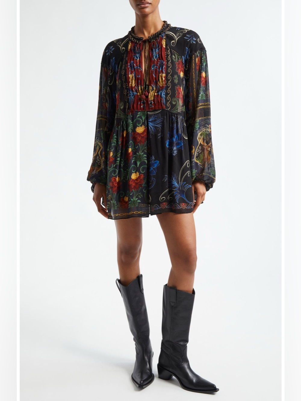 Farm Rio Minidress Mixed Arabesque Scarves Print Blouson Sleeve Gypsy Large Y2K